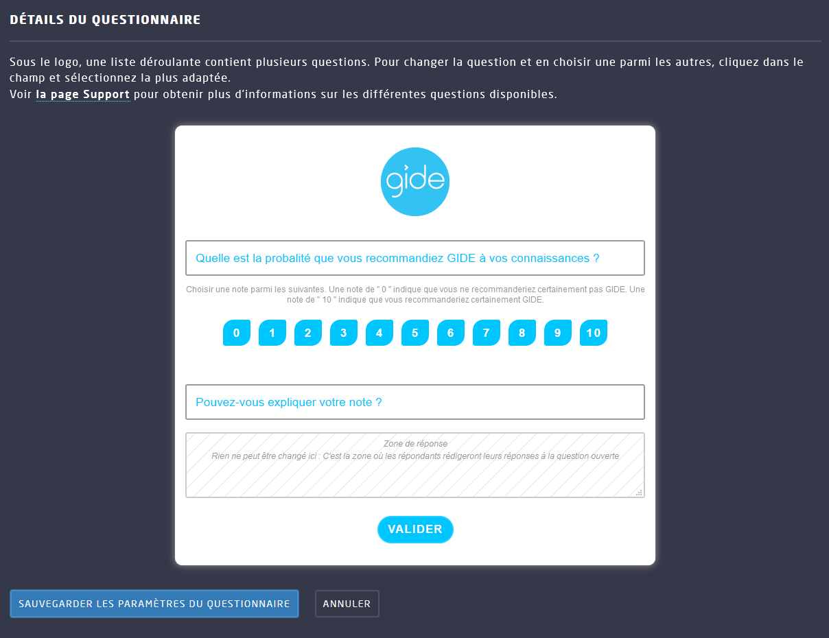 Paramètres du questionnaire